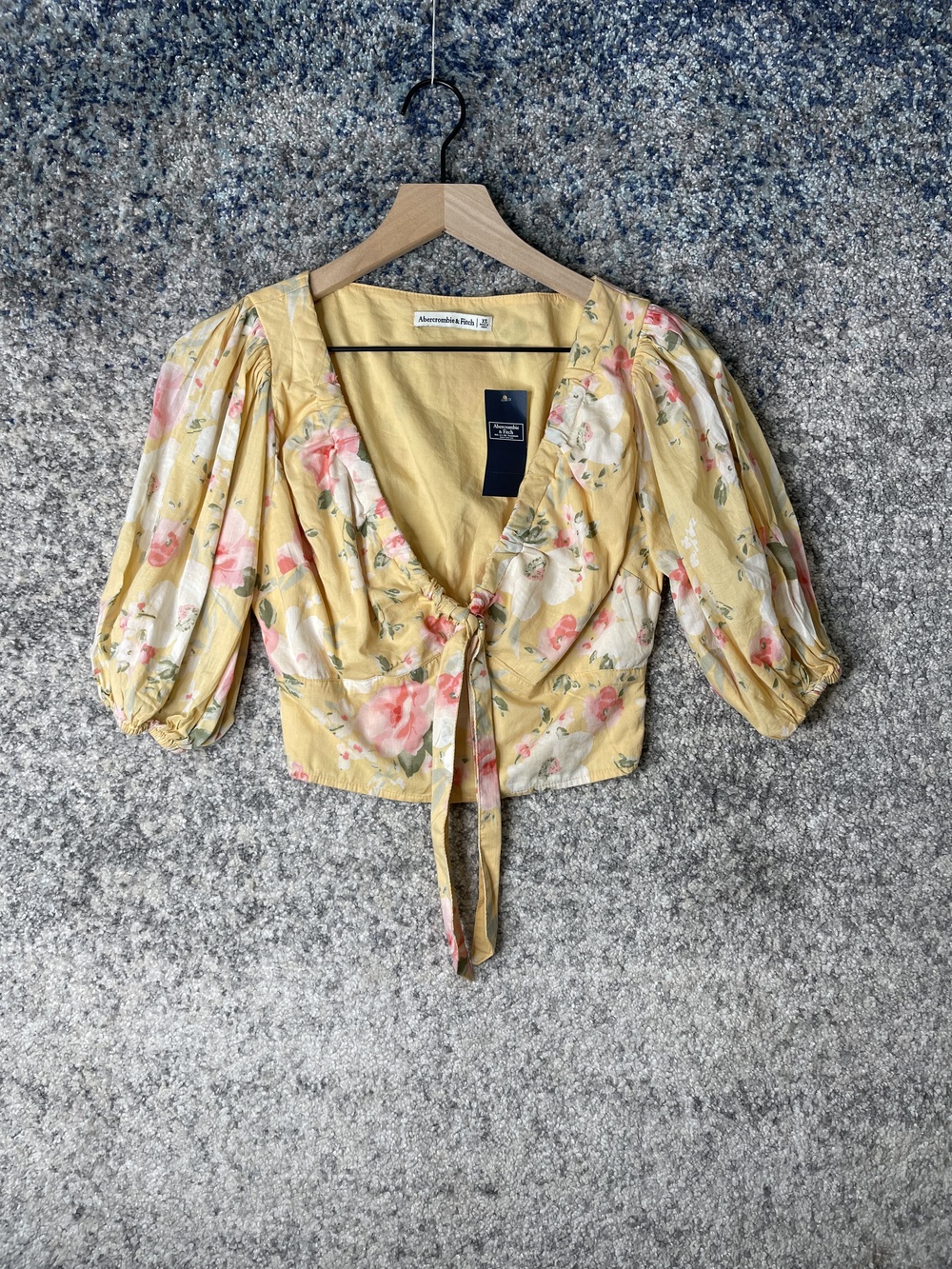 Abercrombie & Fitch Blouse Womens XS Floral Puff Sleeve Tie Front Crop Top